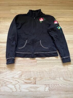 New York & Company Brown Zip Up Jacket with Multicolor Floral Embroidery